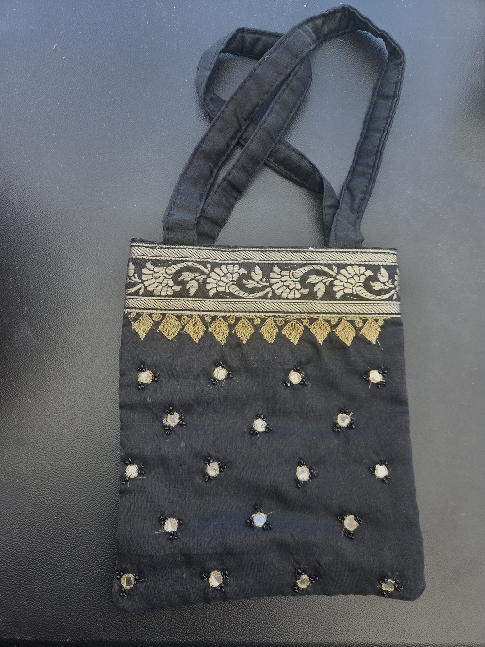 Embellished Black Tote Bag with Gold Trim